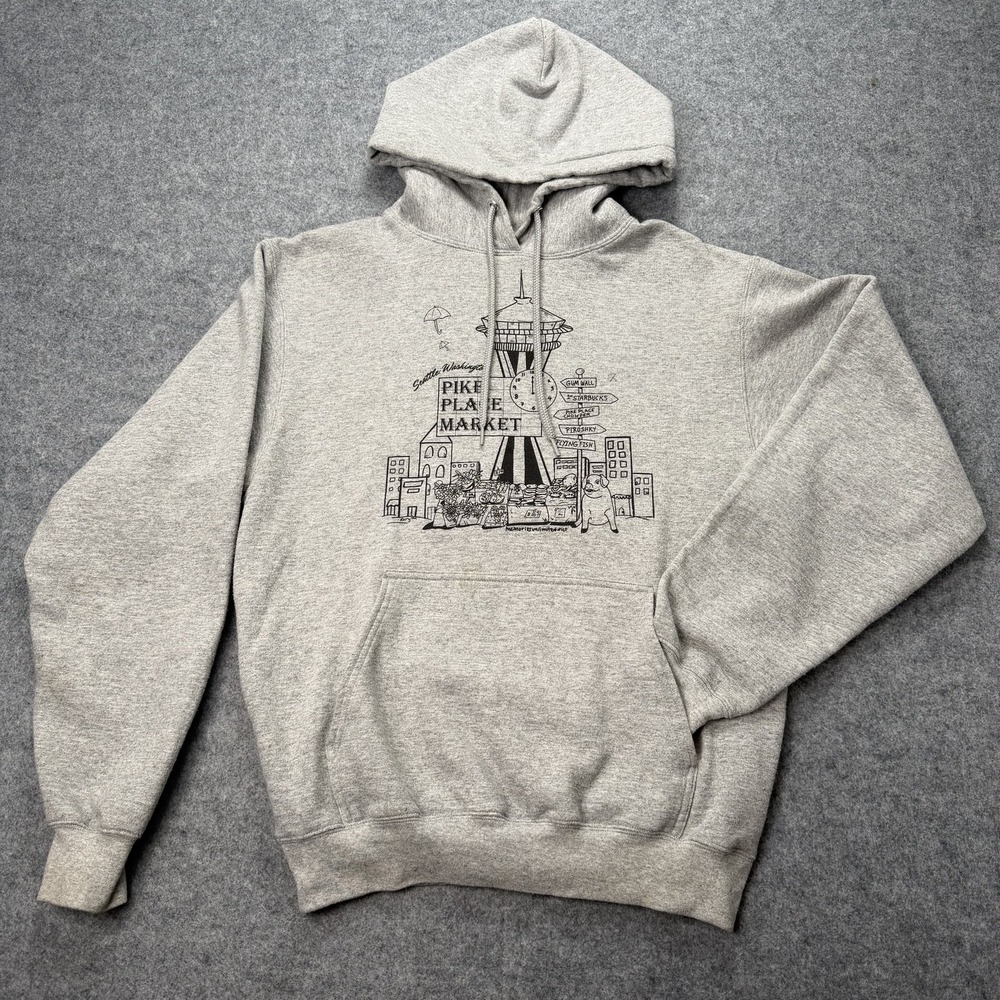 Seattle Washington Pike Place Market Space Needle Hoodie Gray Small